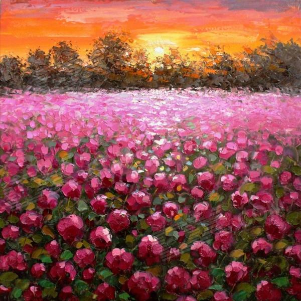 600x600 Iarts Dx(0102 03) Red Flower Landscape Under The Sunset Oil - Flower Landscape Painting