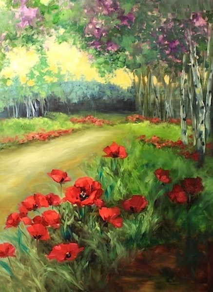 437x600 Wind Blown Poppy Landscape Painting And A Tennessee Flower - Flower Landscape Painting