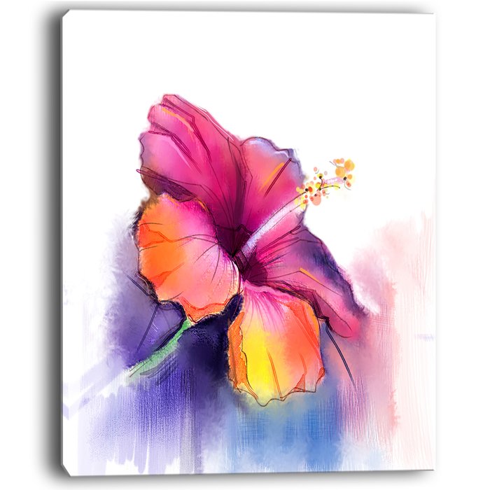 700x700 Designart Red Yellow Hibiscus Flower In Blue Large Flower Painting - Flower Painting