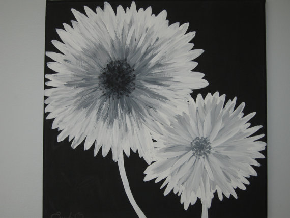 570x428 50% Off Sale Modern Black White And Gray Daisy By Emeraldinebyes - Flower Painting Black And White