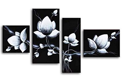 425x282 Wieco Art 4 Piece 100% Hand Painted Black And White - Flower Painting Black And White