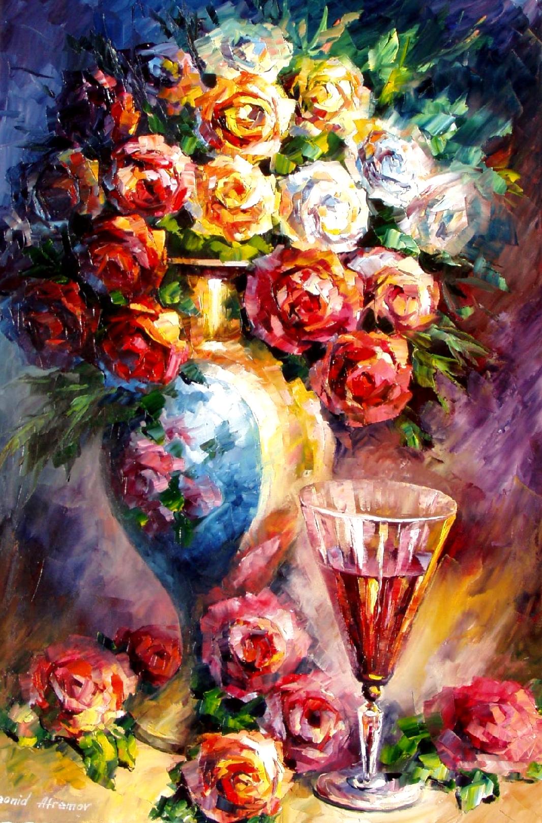 1066x1618 Fallen Roses Palette Knife Oil Painting On Canvas By Leonid - Flower Painting Images