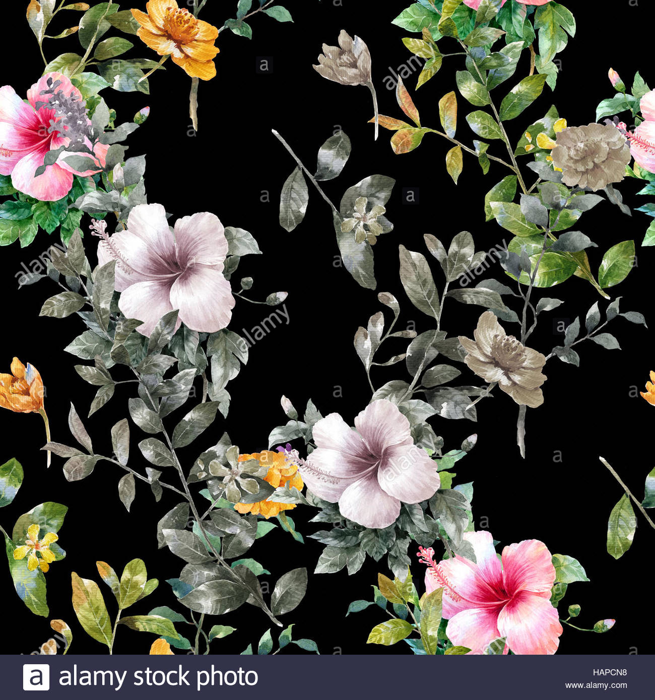 1300x1390 Watercolor Painting Of Leaf And Flowers, Seamless Pattern On Dark - Flower Pattern Painting