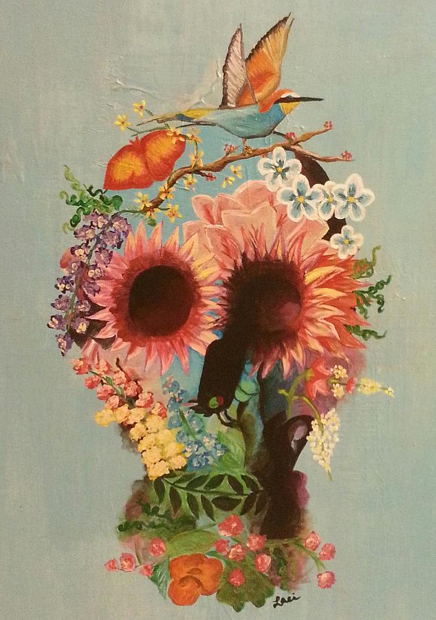 634x900 Flower Skull Painting By Laci Baugh - Flower Skull Painting