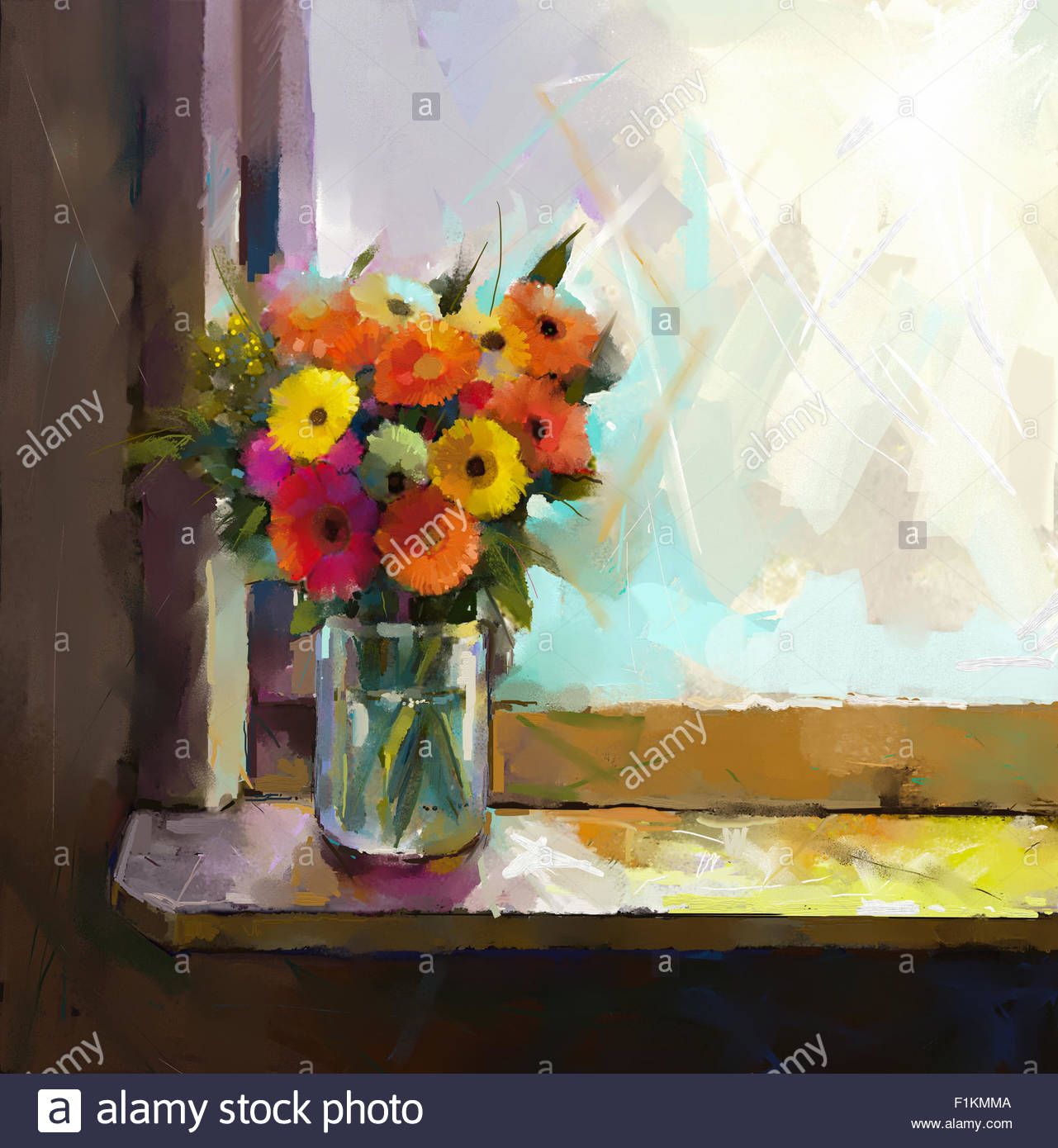 1281x1390 Oil Painting Bouquet Of Daisy And Gerbera Flowers,glass Vase - Flower Vase Painting