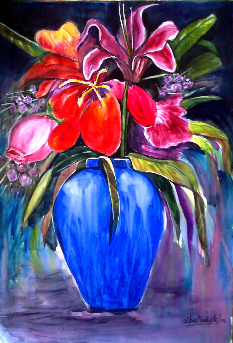 770x1132 Saatchi Art Blue Flower Vase Painting By Albert Ashok - Flower Vase Painting Images