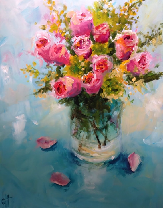 570x726 Flower Vase Paintings Beautiful Roses In A Glass Vase Original - Flower Vase Painting Images