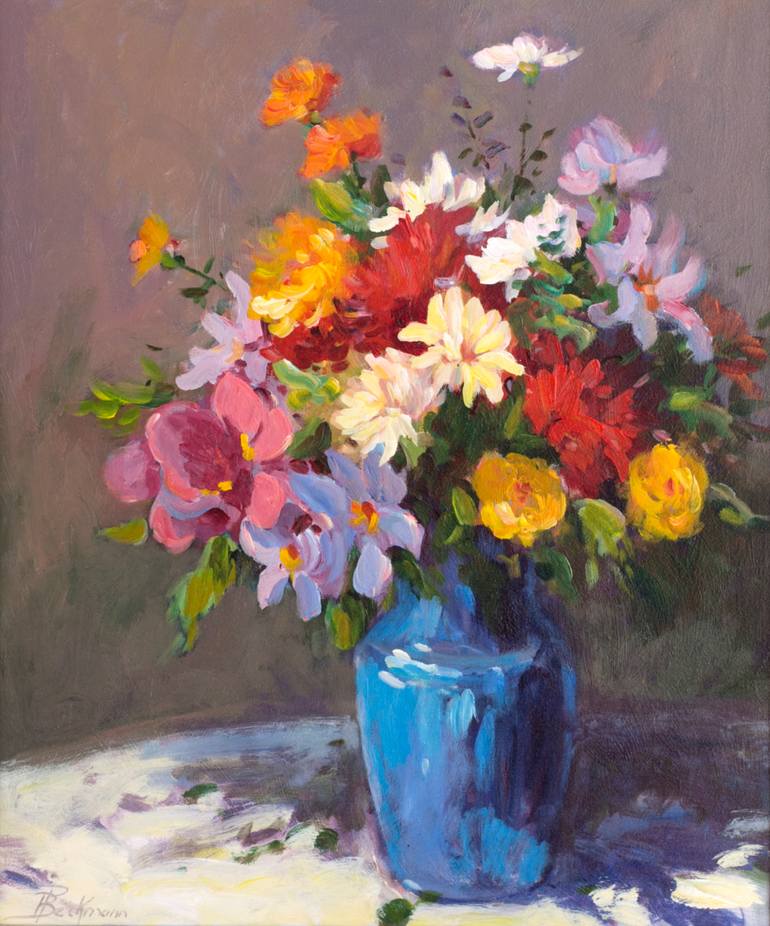 770x926 Saatchi Art Blue Vase Of Spring Flowers Painting By Helmut Pete - Flowers Painting Pictures