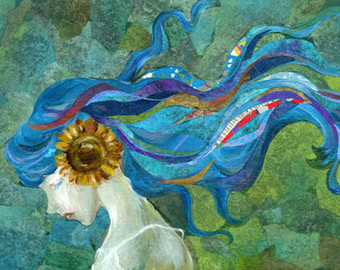 340x270 The Wolf Mixed Media Fine Art Print - Flowing Hair Painting