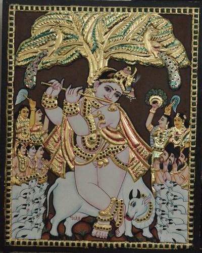 400x500 Flute Krishna Tanjore Painting - Flute Painting