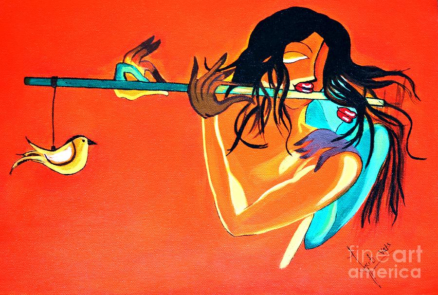 900x606 Flute Painting By Jyoti Vats - Flute Painting