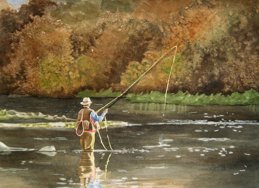 900x656 Fly Fishing In The Autumn By Waughtercolors - Fly Fishing Painting