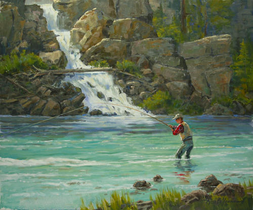 500x414 Palming The Reel, Fly Fishing Oil On Canvas Painting - Fly Fishing Painting