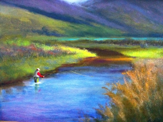 570x426 Working The Seam Fly Fishing Painting - Fly Fishing Painting