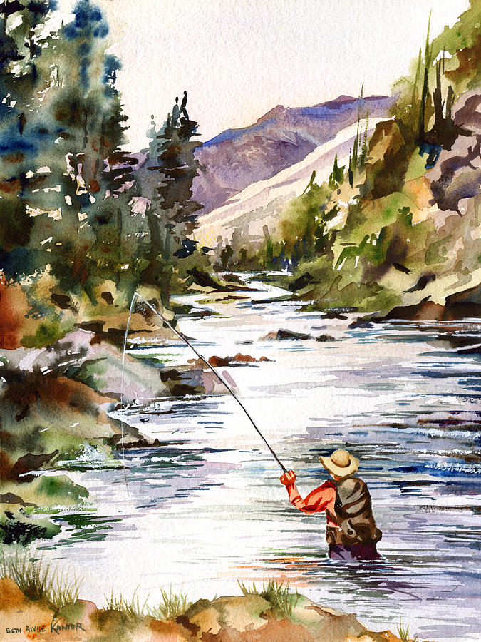 675x900 Fly Fishing In The Mountains Painting By Beth Kantor - Fly Fishing Painting