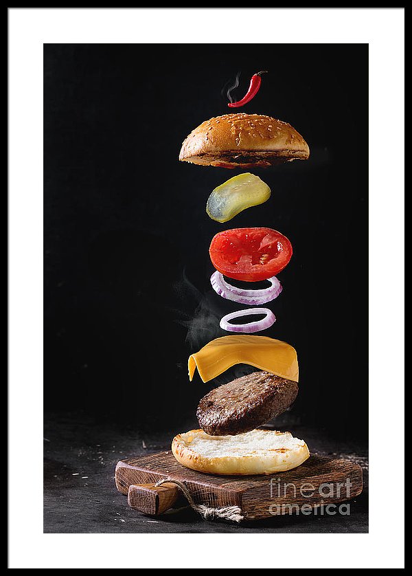 600x838 Flying Burger Framed Print By Natasha Breen - Flying Burger Painting