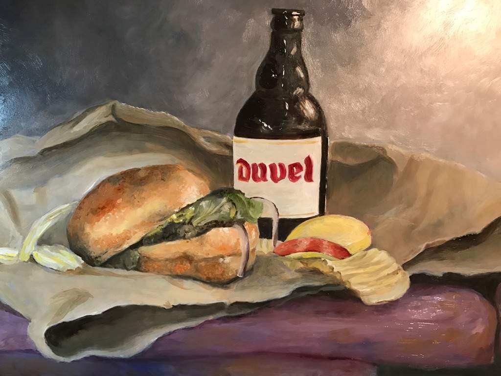 1024x768 Beer Bottle And Burger Oil Painting - Flying Burger Painting