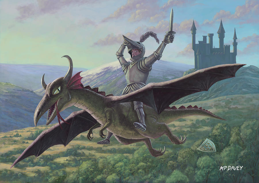 900x636 Knight Riding On Flying Dragon Painting By Martin Davey - Flying Dragon Painting
