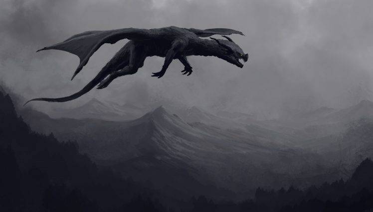 748x427 Digital Art, Fantasy Art, Nature, Landscape, Dragon, Mountains - Flying Dragon Painting