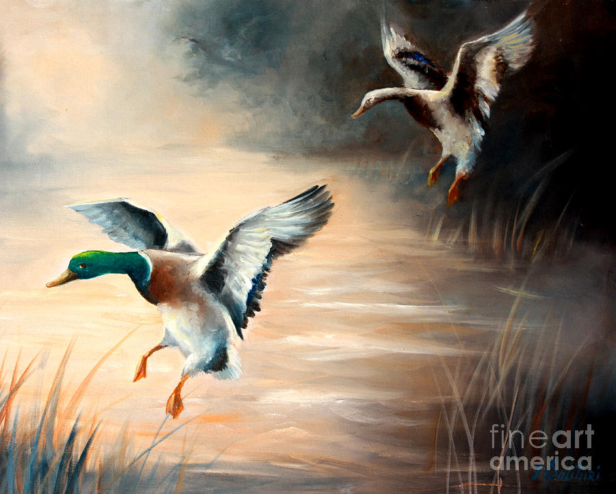 900x722 Landing Ducks At Clear Lake State Park Painting By Gail Salitui - Flying Duck Painting
