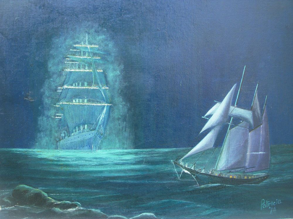 1000x750 Vintage Original Oil Painting 1974 Ghost Ship Tall Sailing Ship - Flying Dutchman Painting