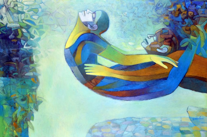 690x457 Flying Couple By Artist Brajmohan Arya Fantasy, Painting - Flying Painting
