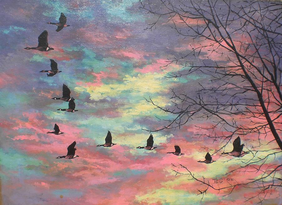 900x655 Geese Flying At Sunrise Painting By Tom Greenslade - Flying Painting