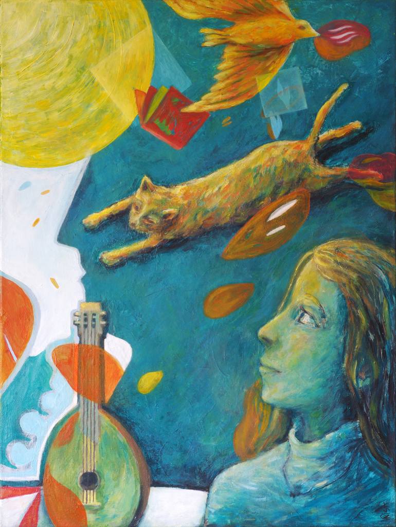 770x1025 Saatchi Art The Flying Cat Painting By Guillaume Rist - Flying Painting
