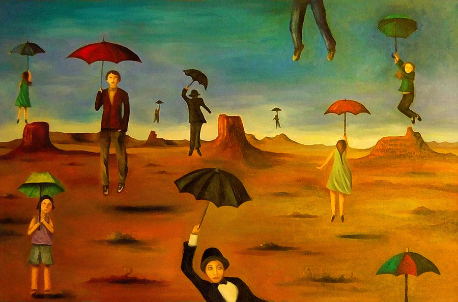 900x594 Spirit Of The Flying Umbrellas Edit 2 Painting By Leah Saulnier - Flying Painting