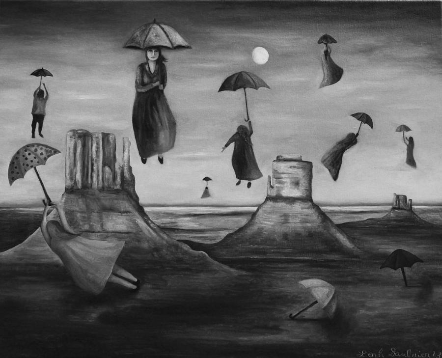 900x729 Spirits Of Flying Umbrellas Bw Painting By Leah Saulnier - Flying Painting
