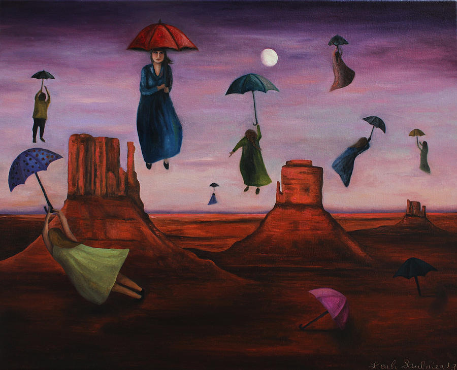 900x729 Spirits Of Flying Umbrellas Painting By Leah Saulnier - Flying Painting