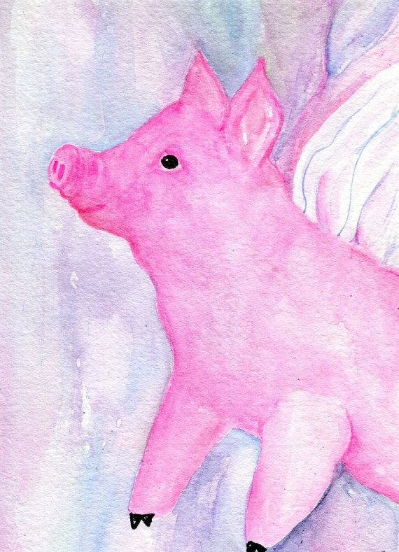 570x789 Flying Pig Watercolor Painting Original - Flying Pig Painting
