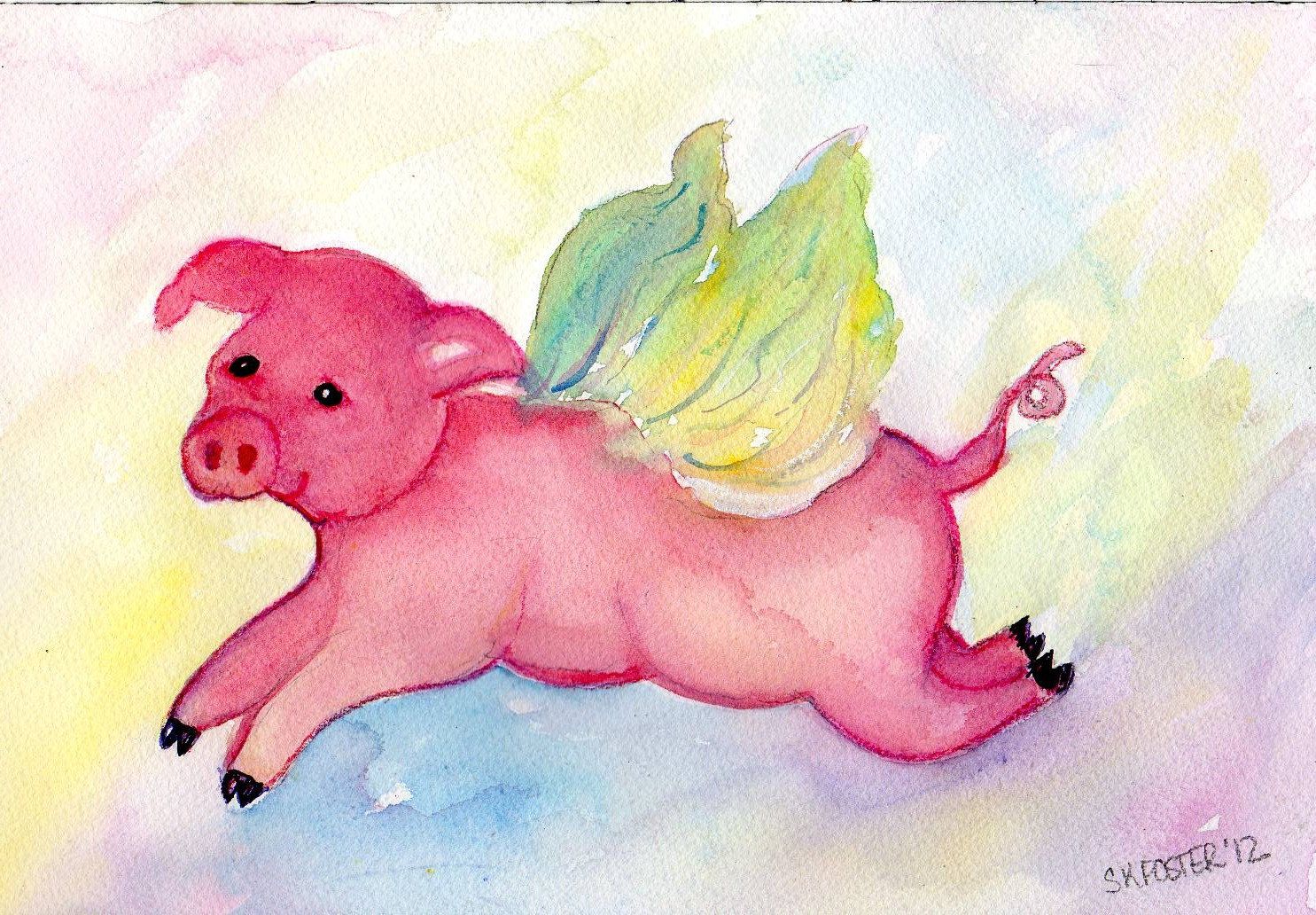 1485x1032 Flying Pig Watercolor Painting Original 9 X 12 When Pigs Fly - Flying Pig Painting