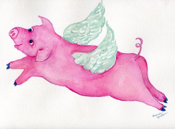 570x421 Flying Pig Watercolor Painting Original 9 X 12 When Pigs Fly - Flying Pig Painting