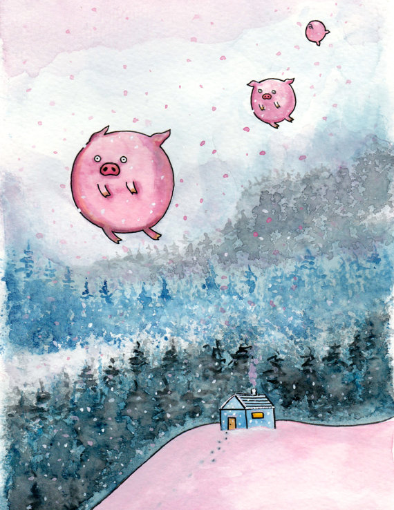 570x738 Flying Pigs Painting Cute Watercolor Pigs Of Winter Pink - Flying Pig Painting
