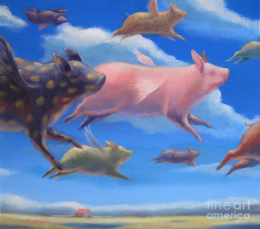 900x792 Pigs Can Fly Painting By Raed Al Rawi - Flying Pig Painting