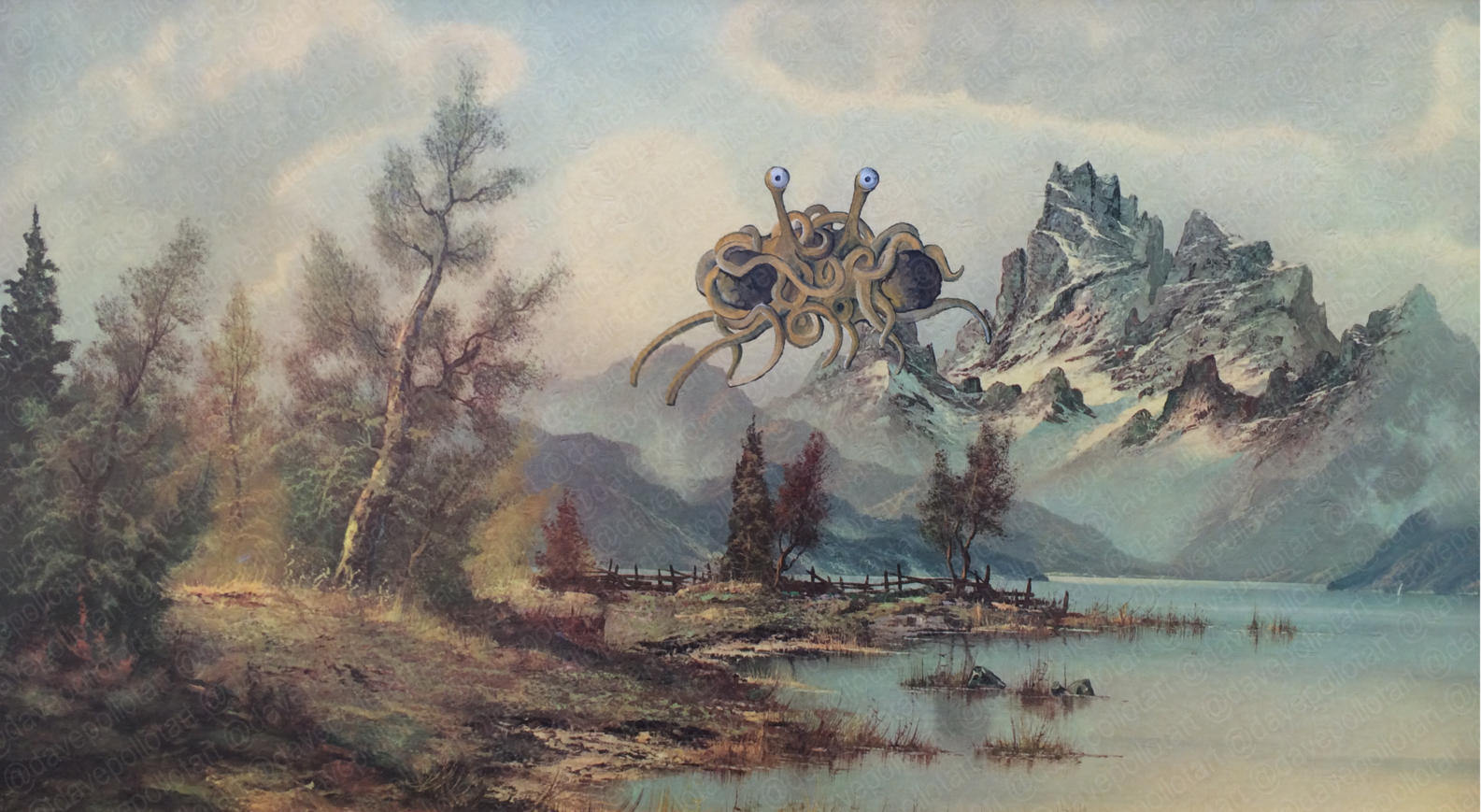 1585x869 Flying Spaghetti Monster Parody Painting - Flying Spaghetti Monster Painting