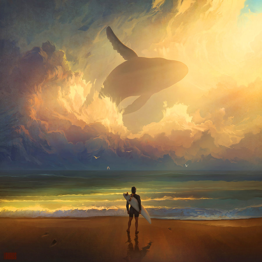 900x900 Dreamy Digital Paintings Of Whales Flying Across The Sky By Artem - Flying Whale Painting