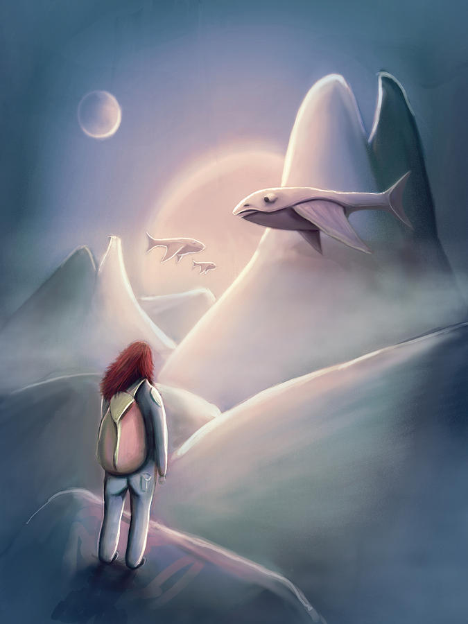 675x900 Girl Hiking On The Planet Of The Flying Whales Painting By Rui Barros - Flying Whale Painting