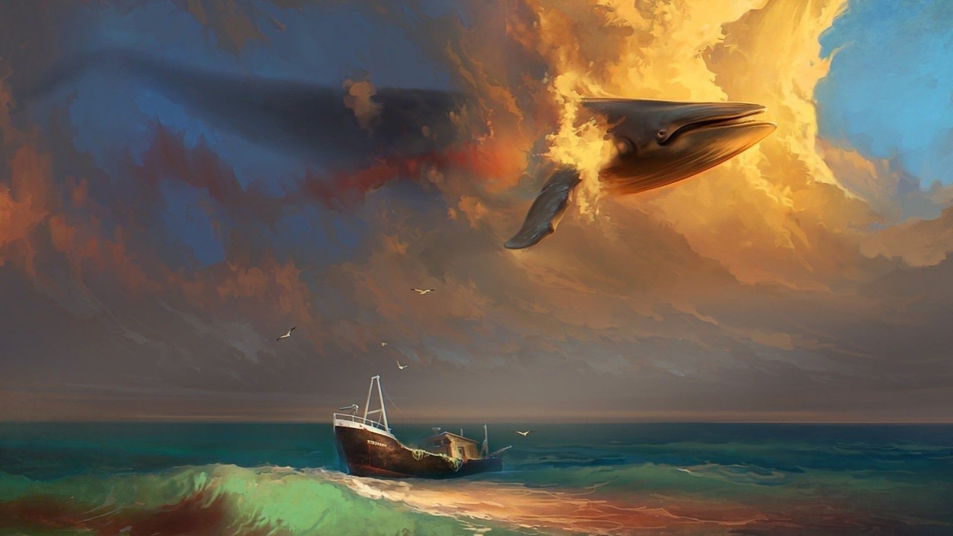 1920x1080 Mangafantasy Art Flying Whales - Flying Whale Painting
