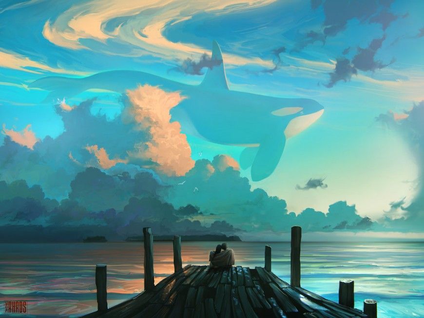 870x652 Artist Paints Dreamlike Scenes Of Flying Whales - Flying Whale Painting