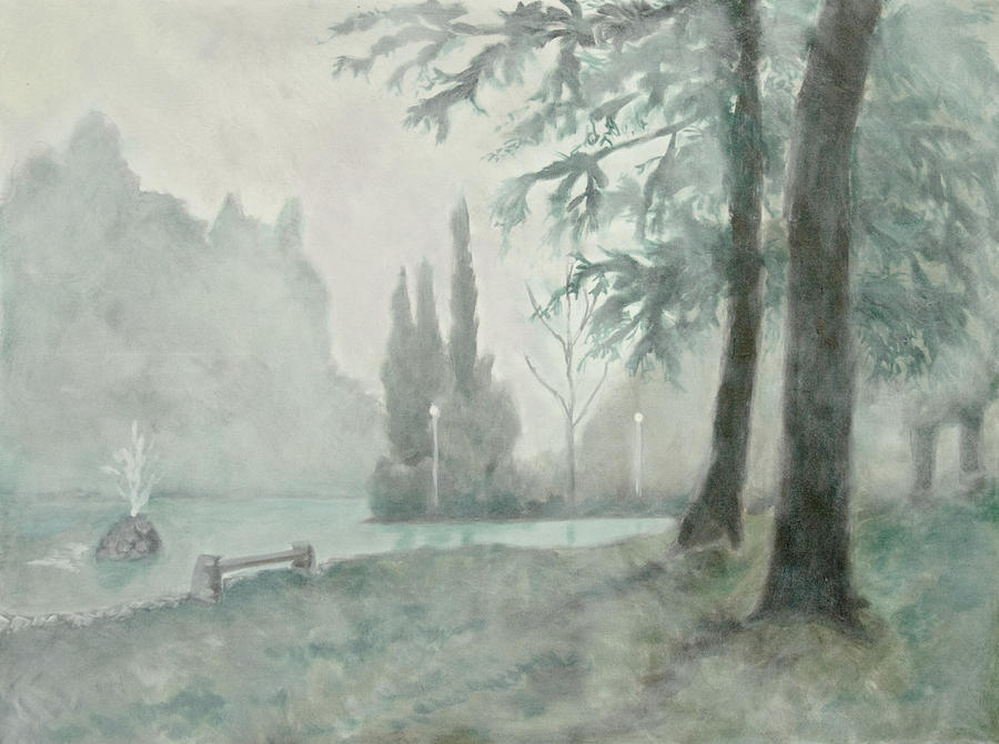 900x671 Land Park Pond And Fog Painting By Patrick Cosgrove - Fog Painting