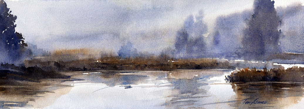 1036x373 Marsh Original Watercolor Painting Vermont Watercolor - Fog Painting