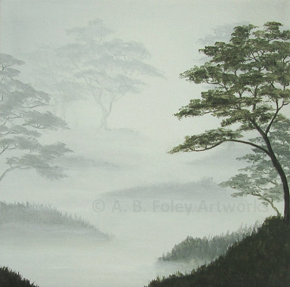 570x564 Original Landscape Painting Misty Painting Of Trees In Fog - Fog Painting