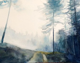 340x270 Forest Painting Forest Watercolor Watercolor Trees Misty - Foggy Forest Painting