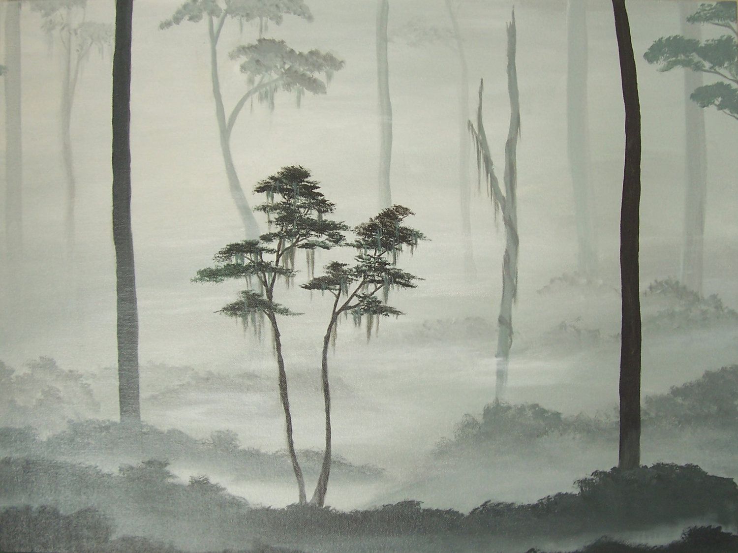 1500x1124 Original Landscape Painting, Misty Forest Painting, Misty - Foggy Forest Painting