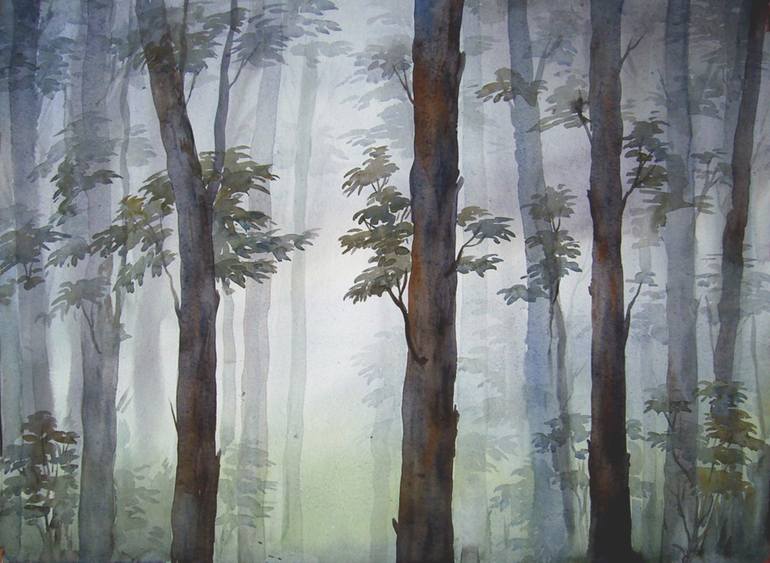 770x563 Saatchi Art Mysterious Foggy Dense Forest Watercolor On Paper - Foggy Forest Painting