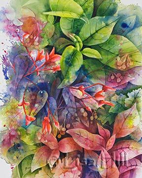 288x360 Negative Painting Of Vibrant Foliage In Watercolor By Lisa Hill - Foliage Painting
