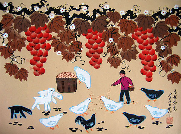 600x445 Feeding Chicken - Folk Art Chicken Painting