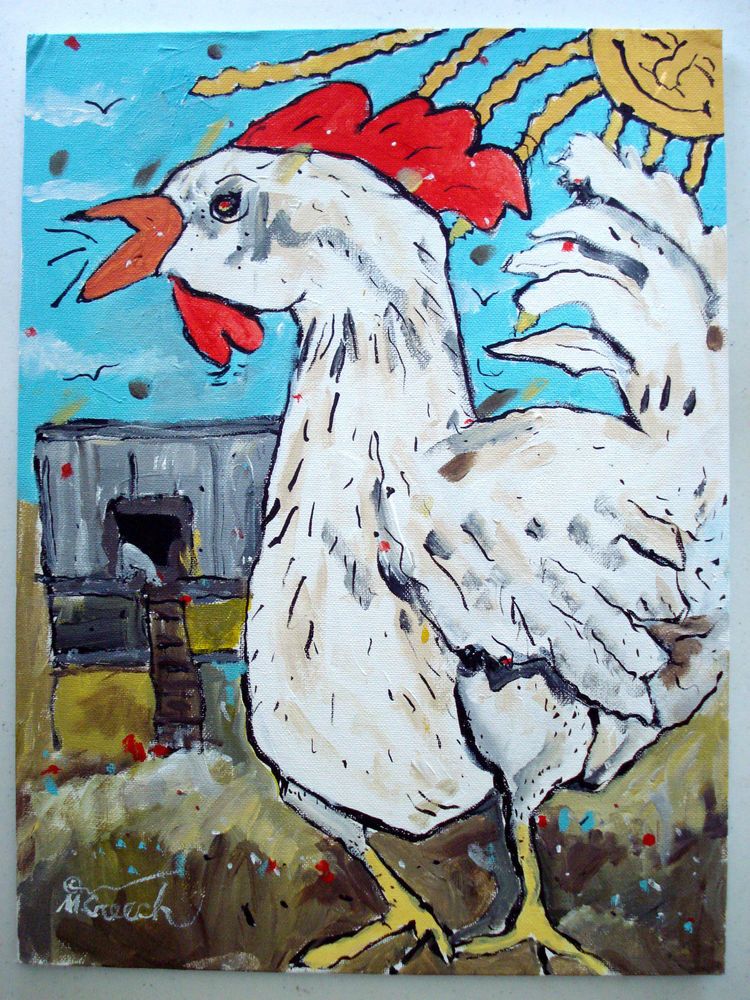 750x1000 The Rooster's Crow Original Folk Art Chicken Painting By Mike - Folk Art Chicken Painting